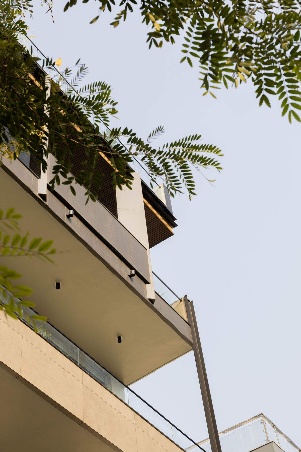 A cantilevered balcony seen from below
